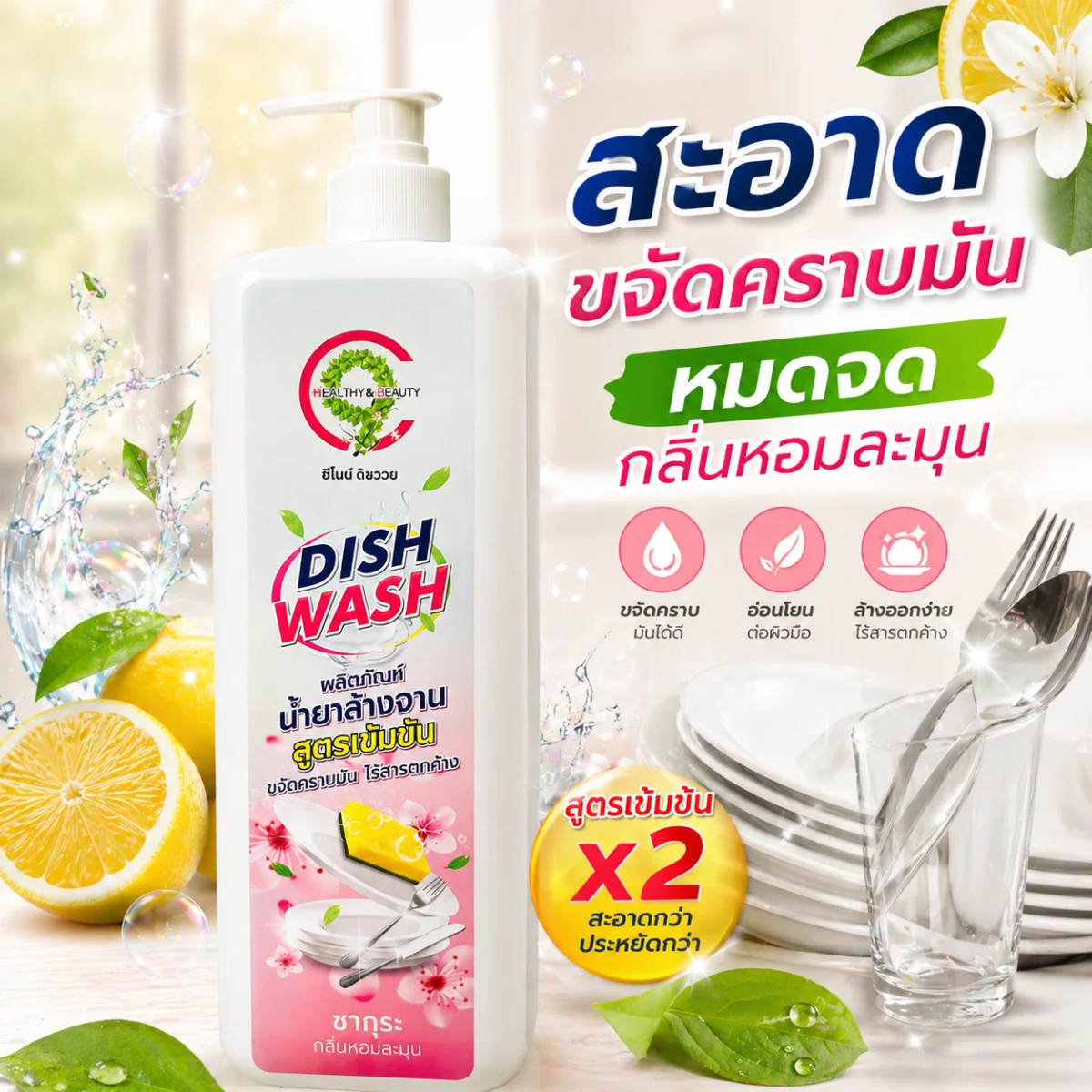C9 Dish Wash ซีไนน์ ดิชวอช น้ำยาล้างจาน กลิ่นซากุระ สูตรเข้มข้น ไร้คราบมัน ไร้สารตกค้าง หอมละมุน